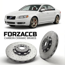 ForzaCCB direct OEM replacement carbon ceramic brake rotors for 2006 to 2009 Volvo S80 II models, shown with a white Volvo S80 car.