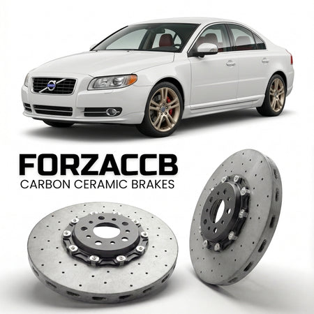 ForzaCCB direct OEM replacement carbon ceramic brake rotors for 2006 to 2009 Volvo S80 II models, shown with a white Volvo S80 car.