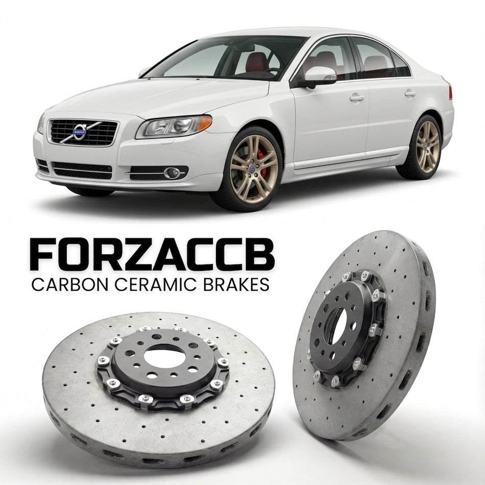 ForzaCCB direct OEM replacement carbon ceramic brake rotors for 2006 to 2009 Volvo S80 II models, shown with a white Volvo S80 car.