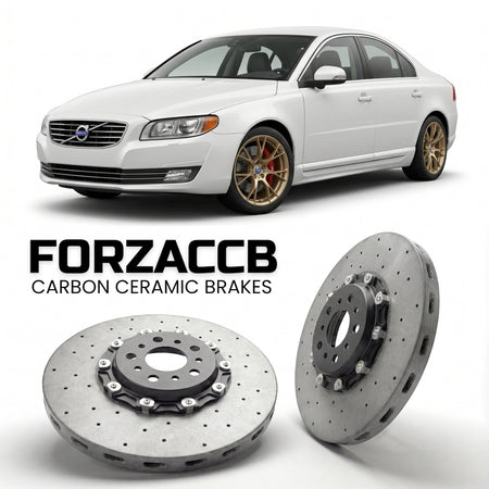 ForzaCCB direct OEM replacement carbon ceramic brake rotors for 2009-2011) Volvo S80 II (facelift 2009 models, shown with a white Volvo S80 car.