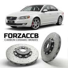 ForzaCCB direct OEM replacement carbon ceramic brake rotors for 2011-2013) Volvo S80 II (facelift 2011 models, shown with a white Volvo S80 car.