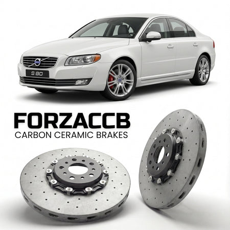 ForzaCCB direct OEM replacement carbon ceramic brake rotors for 2011-2013) Volvo S80 II (facelift 2011 models, shown with a white Volvo S80 car.