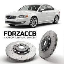 ForzaCCB direct OEM replacement carbon ceramic brake rotors for 2013-2016) Volvo S80 II (facelift 2013 models, shown with a white Volvo S80 car.