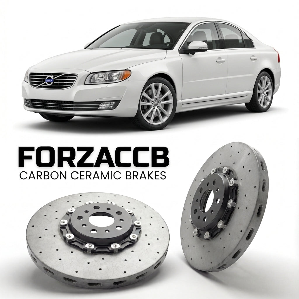 ForzaCCB direct OEM replacement carbon ceramic brake rotors for 2013-2016) Volvo S80 II (facelift 2013 models, shown with a white Volvo S80 car.