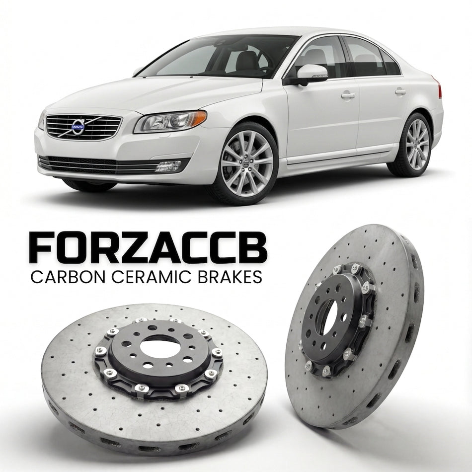 ForzaCCB direct OEM replacement carbon ceramic brake rotors for 2013-2016) Volvo S80 II (facelift 2013 models, shown with a white Volvo S80 car.