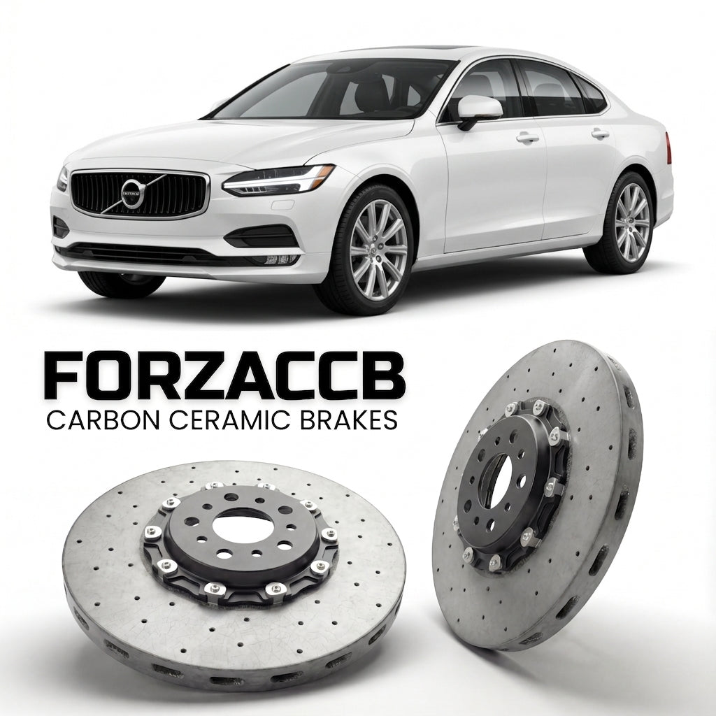 ForzaCCB direct OEM replacement carbon ceramic brake rotors for 2016 to 2020 Volvo S90 2016 models, shown with a white Volvo S90 car.