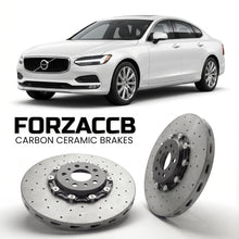 ForzaCCB direct OEM replacement carbon ceramic brake rotors for 2016 to 2020 Volvo S90 2016 models, shown with a white Volvo S90 car.