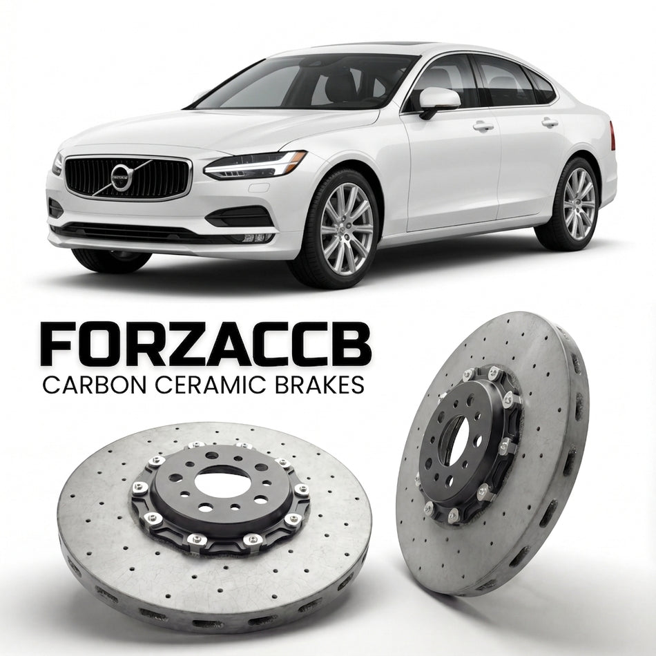 ForzaCCB direct OEM replacement carbon ceramic brake rotors for 2016 to 2020 Volvo S90 2016 models, shown with a white Volvo S90 car.