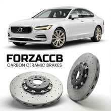 ForzaCCB direct OEM replacement carbon ceramic brake rotors for 2016-2020) Volvo S90 L (2016 models, shown with a white Volvo S90 car.