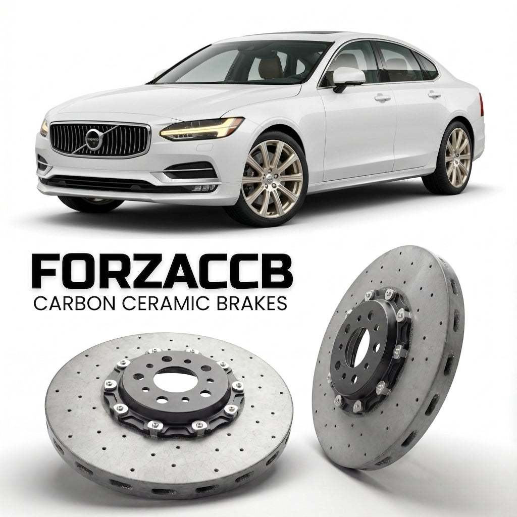 ForzaCCB direct OEM replacement carbon ceramic brake rotors for 2016-2020) Volvo S90 L (2016 models, shown with a white Volvo S90 car.