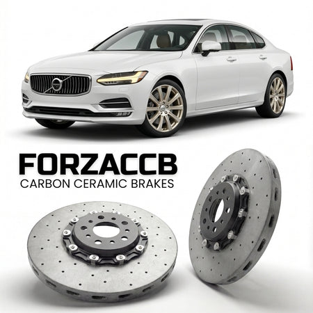 ForzaCCB direct OEM replacement carbon ceramic brake rotors for 2016-2020) Volvo S90 L (2016 models, shown with a white Volvo S90 car.