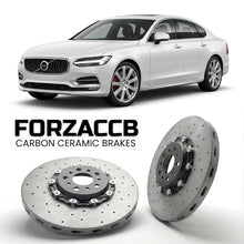 ForzaCCB direct OEM replacement carbon ceramic brake rotors for 2020 and newer Volvo S90 facelift 2020 models, shown with a white Volvo S90 car.