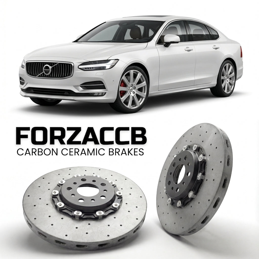 ForzaCCB direct OEM replacement carbon ceramic brake rotors for 2020 and newer Volvo S90 facelift 2020 models, shown with a white Volvo S90 car.