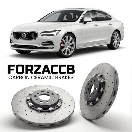 ForzaCCB direct OEM replacement carbon ceramic brake rotors for 2020 and newer Volvo S90 facelift 2020 models, shown with a white Volvo S90 car.