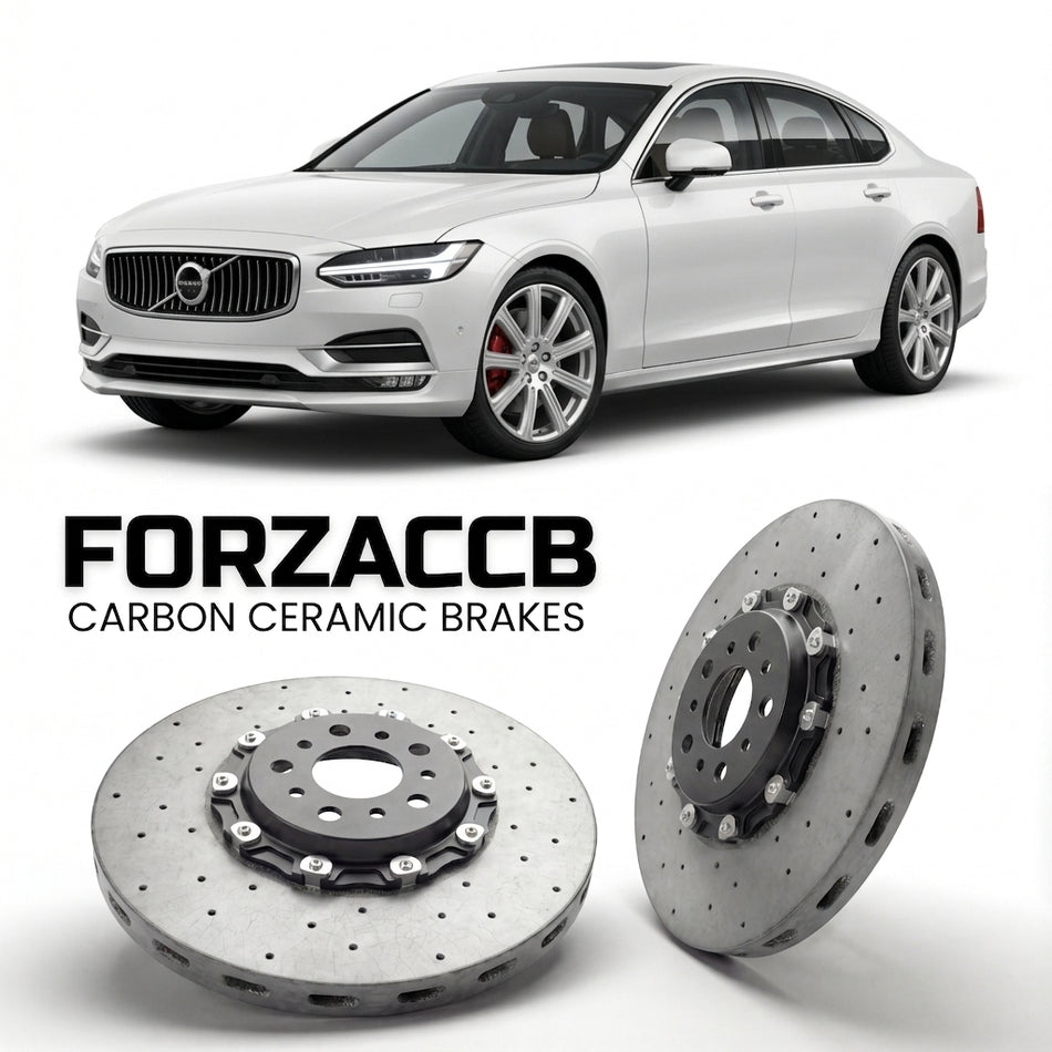ForzaCCB direct OEM replacement carbon ceramic brake rotors for 2020 and newer Volvo S90 facelift 2020 models, shown with a white Volvo S90 car.