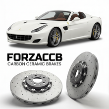 ForzaCCB direct OEM replacement carbon ceramic brake rotors for 2010 Ferrari SA Aperta models, shown with a white Ferrari SA Aperta car.