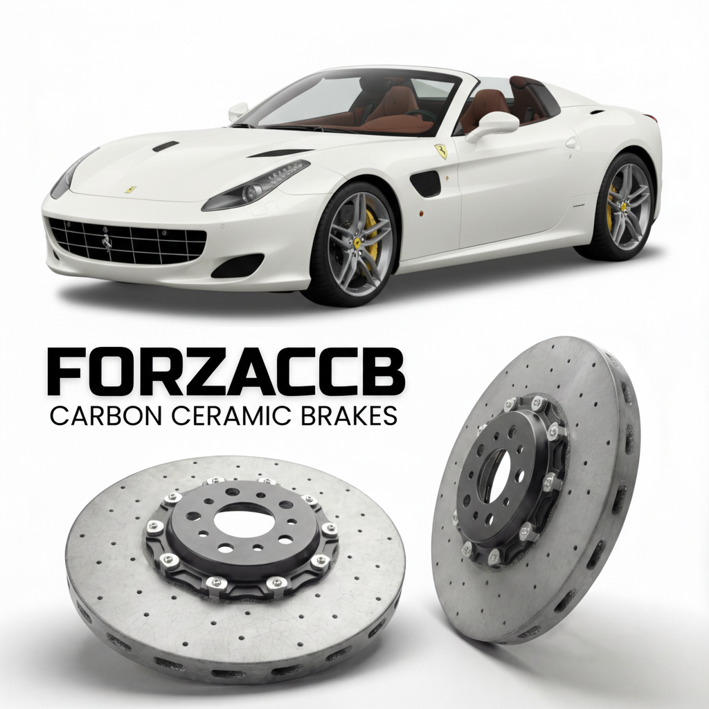 ForzaCCB direct OEM replacement carbon ceramic brake rotors for 2010 Ferrari SA Aperta models, shown with a white Ferrari SA Aperta car.