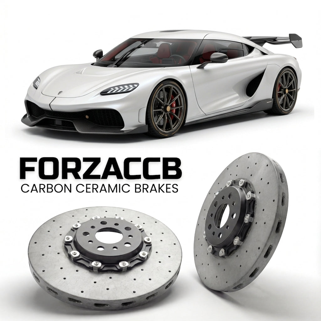 ForzaCCB direct OEM replacement carbon ceramic brake rotors for 2025 and newer Koenigsegg Sadairs Spear models, shown with a white Koenigsegg Sadairs Spear car.