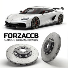 ForzaCCB direct OEM replacement carbon ceramic brake rotors for 2025 and newer Koenigsegg Sadairs Spear models, shown with a white Koenigsegg Sadairs Spear car.