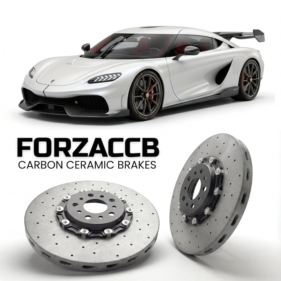 ForzaCCB direct OEM replacement carbon ceramic brake rotors for 2025 and newer Koenigsegg Sadairs Spear models, shown with a white Koenigsegg Sadairs Spear car.
