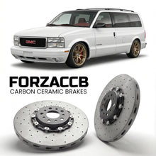 ForzaCCB direct OEM replacement carbon ceramic brake rotors for 2005 to 2005 GMC Safari II models, shown with a white GMC Safari car.