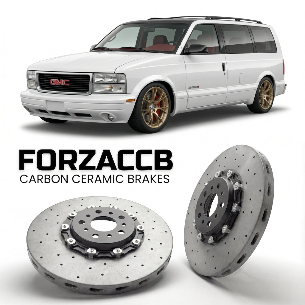 ForzaCCB direct OEM replacement carbon ceramic brake rotors for 2005 to 2005 GMC Safari II models, shown with a white GMC Safari car.