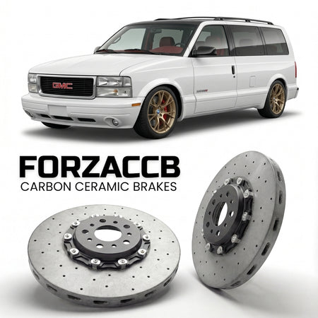 ForzaCCB direct OEM replacement carbon ceramic brake rotors for 2005 to 2005 GMC Safari II models, shown with a white GMC Safari car.