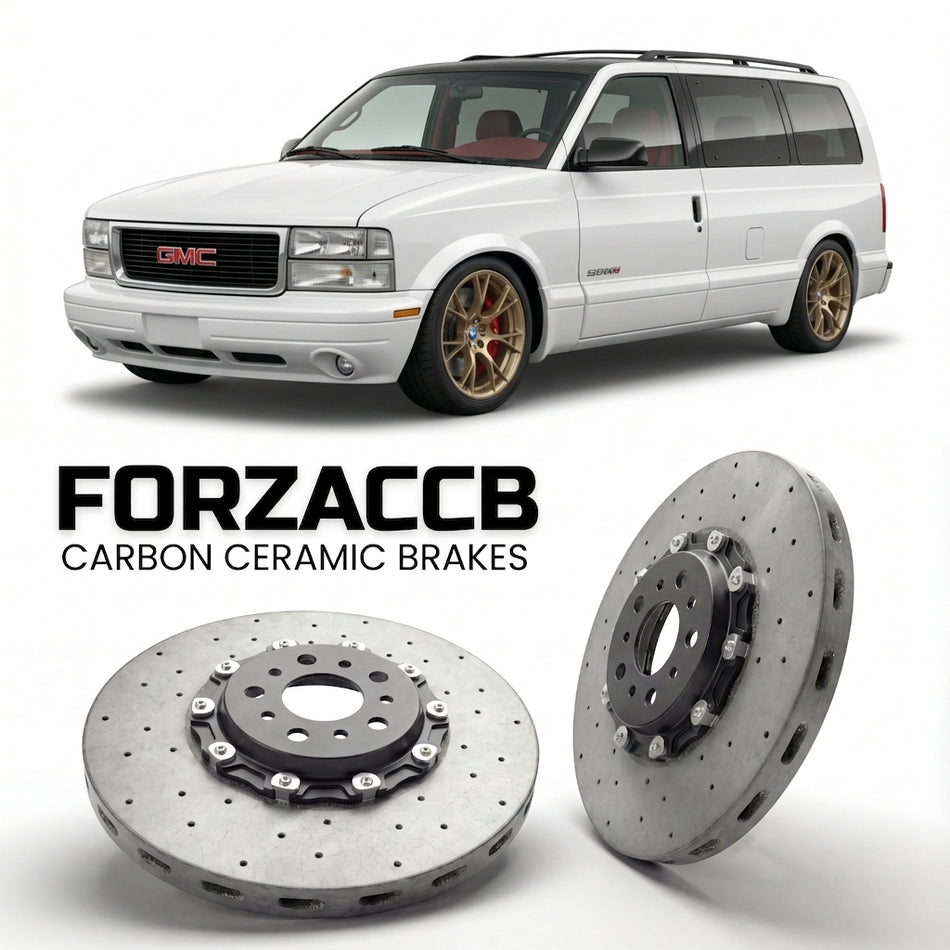 ForzaCCB direct OEM replacement carbon ceramic brake rotors for 2005 to 2005 GMC Safari II models, shown with a white GMC Safari car.