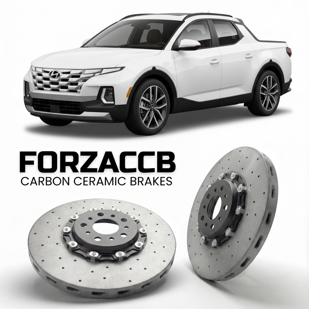 ForzaCCB direct OEM replacement carbon ceramic brake rotors for 2022 to 2026 Hyundai Santa Cruz models, shown with a white Hyundai Santa Cruz car.