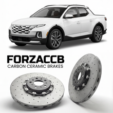 ForzaCCB direct OEM replacement carbon ceramic brake rotors for 2022 to 2026 Hyundai Santa Cruz models, shown with a white Hyundai Santa Cruz car.