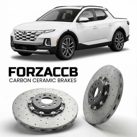 ForzaCCB direct OEM replacement carbon ceramic brake rotors for 2022 to 2026 Hyundai Santa Cruz models, shown with a white Hyundai Santa Cruz car.