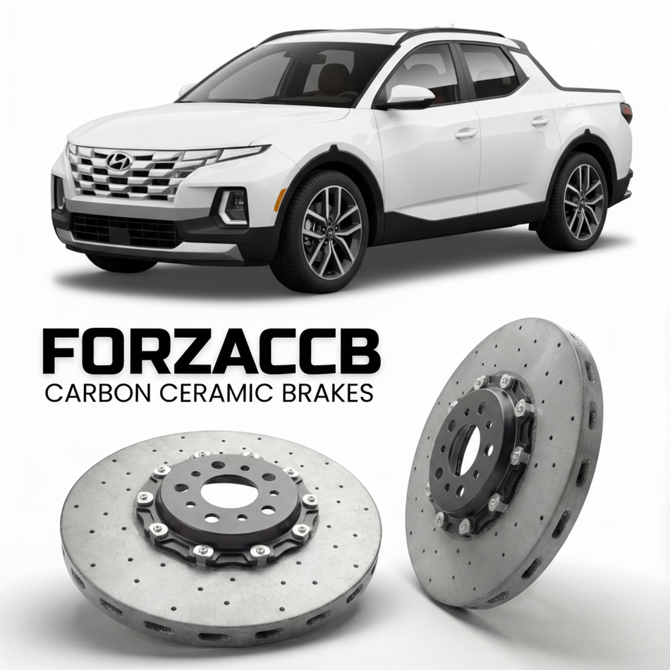 ForzaCCB direct OEM replacement carbon ceramic brake rotors for 2022 to 2026 Hyundai Santa Cruz models, shown with a white Hyundai Santa Cruz car.