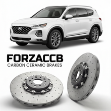 ForzaCCB direct OEM replacement carbon ceramic brake rotors for 2019 to 2023 Hyundai Santa Fe Gen 4 models, shown with a white Hyundai Santa Fe car.