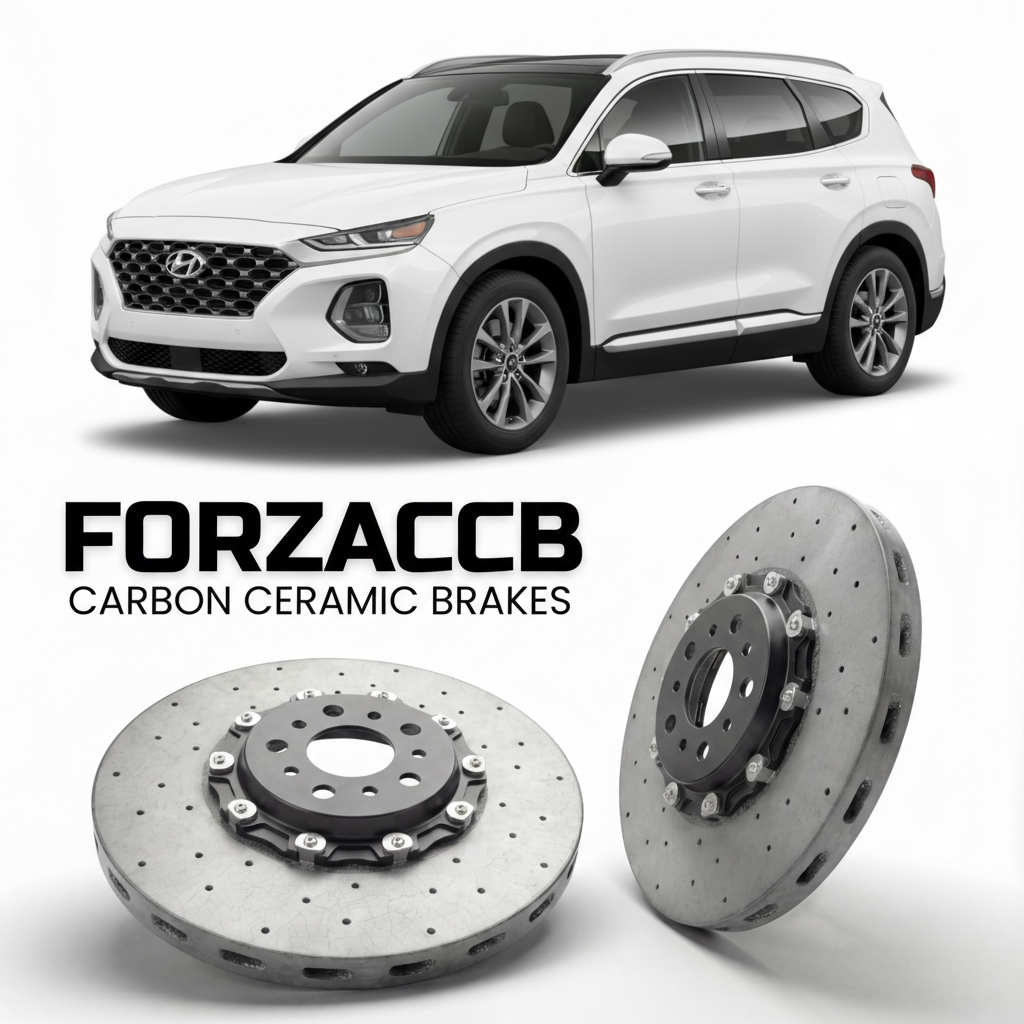ForzaCCB direct OEM replacement carbon ceramic brake rotors for 2019 to 2023 Hyundai Santa Fe Gen 4 models, shown with a white Hyundai Santa Fe car.