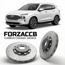 ForzaCCB direct OEM replacement carbon ceramic brake rotors for 2024 to 2026 Hyundai Santa Fe Gen 5 models, shown with a white Hyundai Santa Fe car.