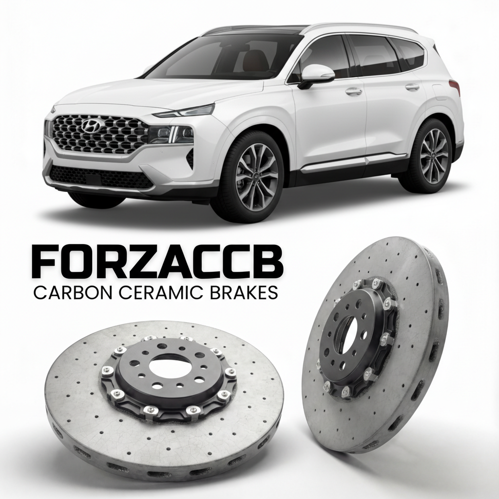 ForzaCCB direct OEM replacement carbon ceramic brake rotors for 2024 to 2026 Hyundai Santa Fe Gen 5 models, shown with a white Hyundai Santa Fe car.