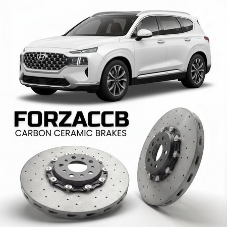 ForzaCCB direct OEM replacement carbon ceramic brake rotors for 2024 to 2026 Hyundai Santa Fe Gen 5 models, shown with a white Hyundai Santa Fe car.