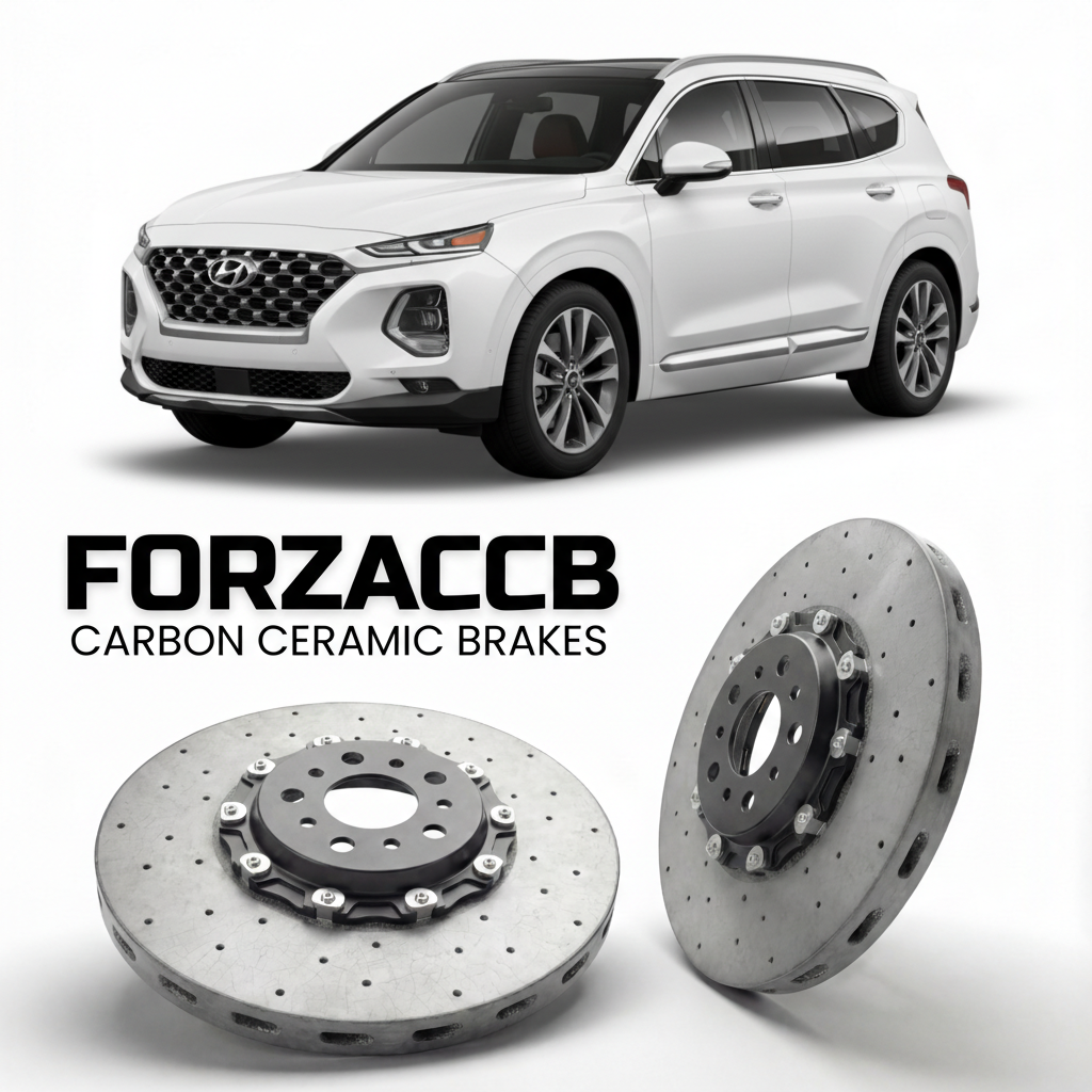 ForzaCCB direct OEM replacement carbon ceramic brake rotors for 2021 to 2026 Hyundai Santa Fe Hybrid models, shown with a white Hyundai Santa Fe Hybrid car.