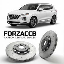 ForzaCCB direct OEM replacement carbon ceramic brake rotors for 2021 to 2026 Hyundai Santa Fe Hybrid models, shown with a white Hyundai Santa Fe Hybrid car.