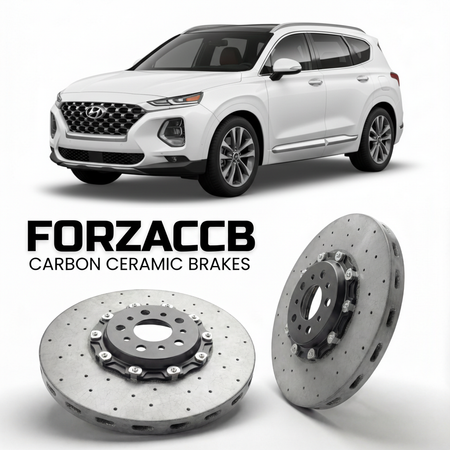 ForzaCCB direct OEM replacement carbon ceramic brake rotors for 2021 to 2026 Hyundai Santa Fe Hybrid models, shown with a white Hyundai Santa Fe Hybrid car.