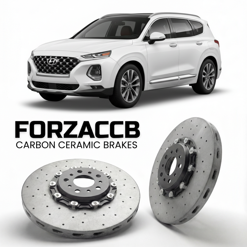 ForzaCCB direct OEM replacement carbon ceramic brake rotors for 2021 to 2026 Hyundai Santa Fe Hybrid models, shown with a white Hyundai Santa Fe Hybrid car.