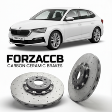ForzaCCB direct OEM replacement carbon ceramic brake rotors for 2019 and newer Skoda Scala NW models, shown with a white Skoda Scala car.