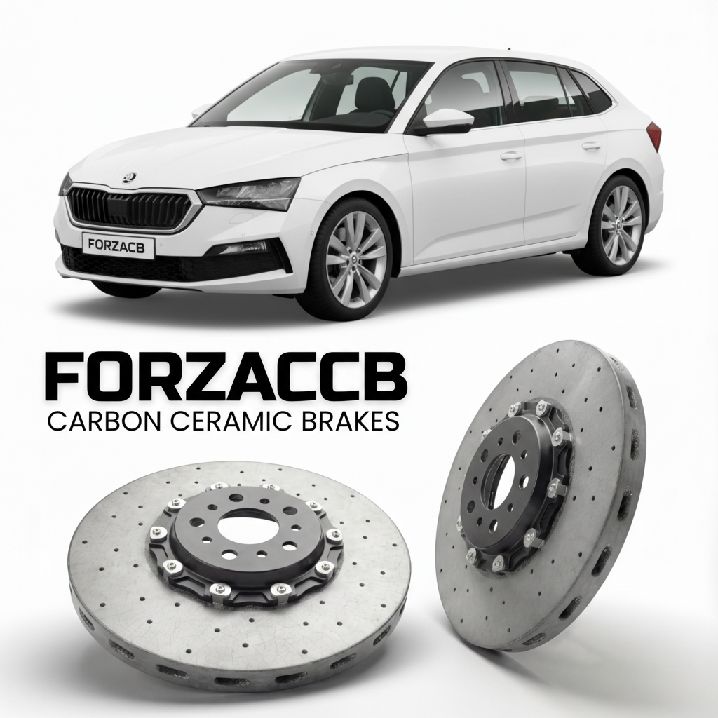 ForzaCCB direct OEM replacement carbon ceramic brake rotors for 2019 and newer Skoda Scala NW models, shown with a white Skoda Scala car.
