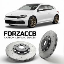 ForzaCCB direct OEM replacement carbon ceramic brake rotors for 2008 to 2017 Volkswagen Scirocco Typ 137 models, shown with a white Volkswagen Scirocco car.