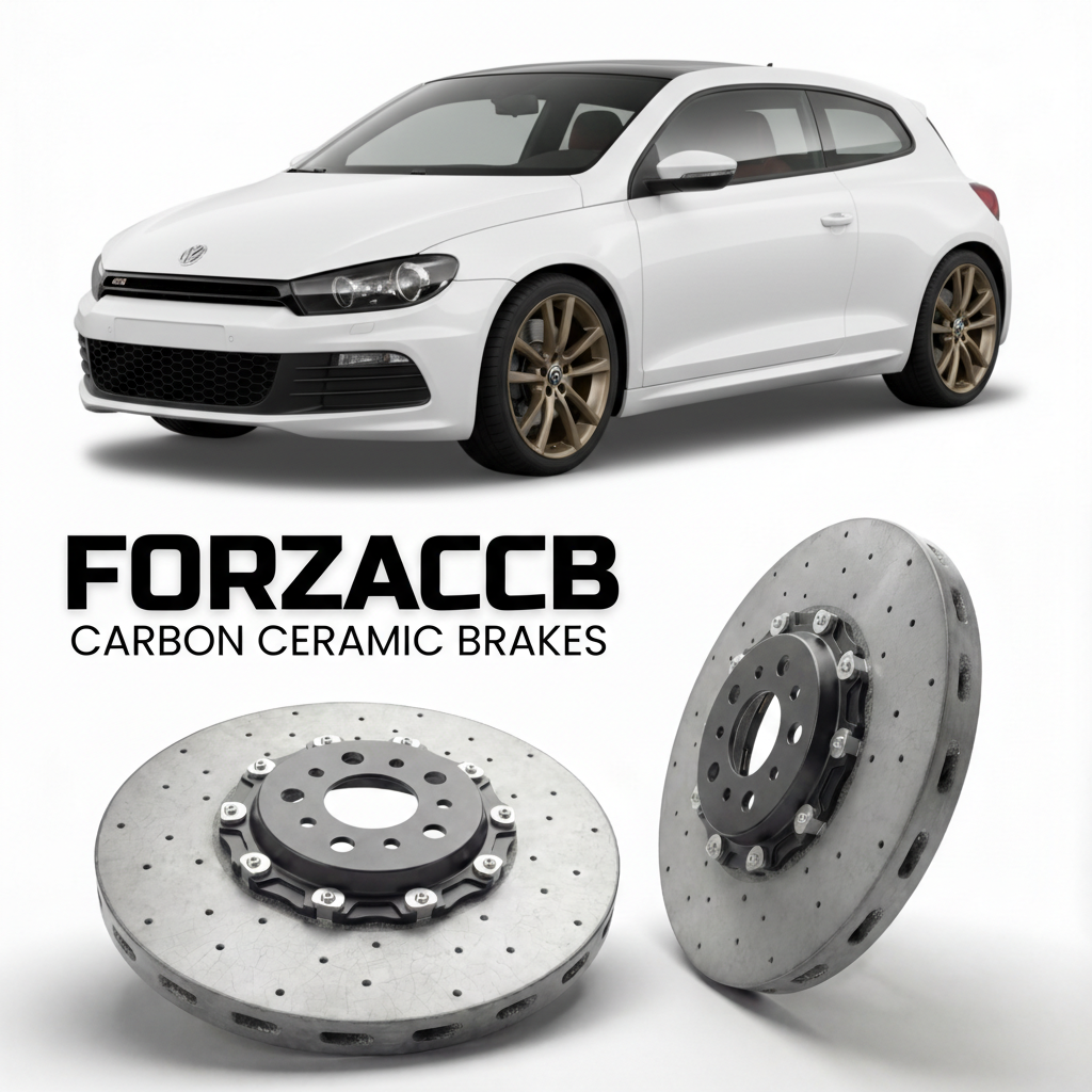 ForzaCCB direct OEM replacement carbon ceramic brake rotors for 2008 to 2017 Volkswagen Scirocco Typ 137 models, shown with a white Volkswagen Scirocco car.