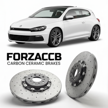 ForzaCCB direct OEM replacement carbon ceramic brake rotors for 2009 to 2017 Volkswagen Scirocco R Typ 137 models, shown with a white Volkswagen Scirocco R car.