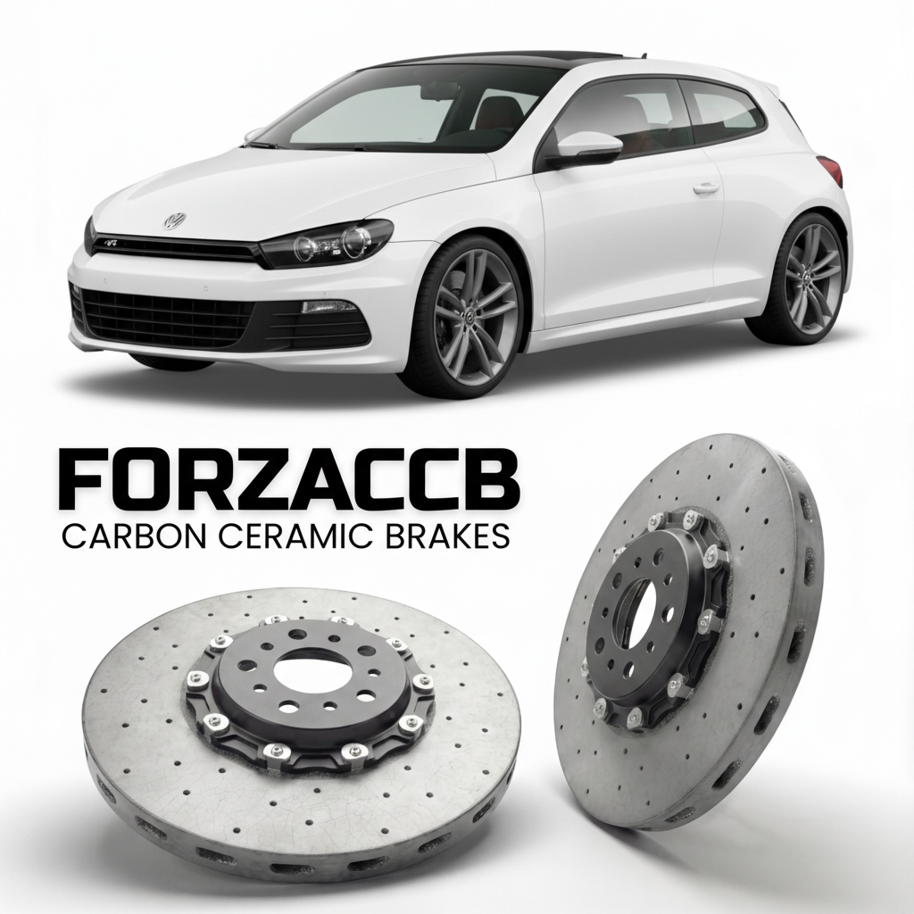 ForzaCCB direct OEM replacement carbon ceramic brake rotors for 2009 to 2017 Volkswagen Scirocco R Typ 137 models, shown with a white Volkswagen Scirocco R car.