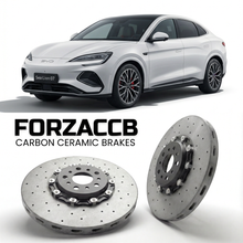ForzaCCB direct OEM replacement carbon ceramic brake rotors for 2024 and newer BYD Sea Lion 07 models, shown with a white BYD Sea Lion 07 car.