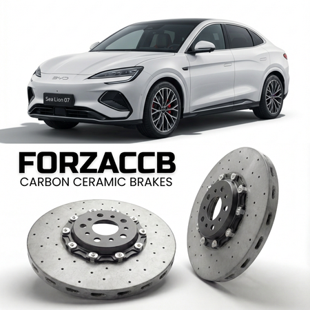 ForzaCCB direct OEM replacement carbon ceramic brake rotors for 2024 and newer BYD Sea Lion 07 models, shown with a white BYD Sea Lion 07 car.