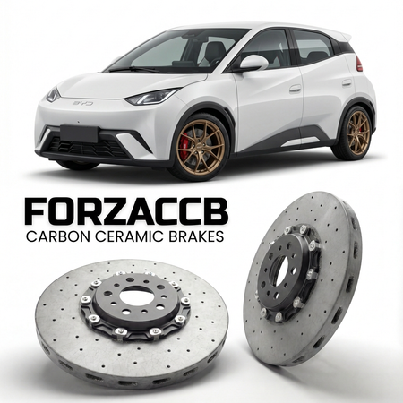 ForzaCCB direct OEM replacement carbon ceramic brake rotors for 2023 to 2025 BYD Seagull models, shown with a white BYD Seagull car.